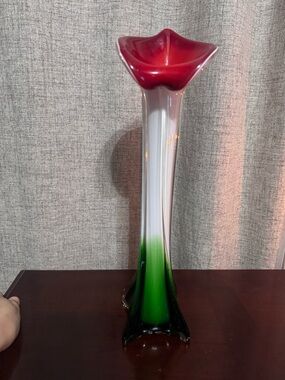 Murano-inspired glass calla lily vase vibrant red to green ombré 15.5”